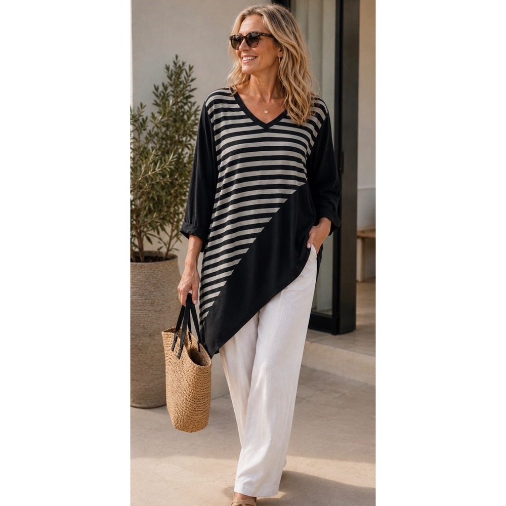 Comfy USA Tunic Top Women Black Gray Striped Flowy Long Slv Relaxed Lagenlook XL